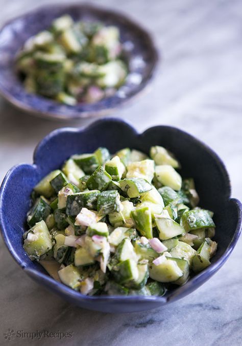 Cucumber Salad with Tahini Dressing ~ Cucumber salad tossed with a dressing made from tahini paste and lemon. ~ SimplyRecipes.com Hungarian Cucumber Salad, Healthy Salad Dressing Recipes, Tahini Recipes, Salad With Tahini Dressing, Cucumber Salads, Easy Cucumber Salad, Tahini Dressing Recipe, Veggie Meal, Slow Carb