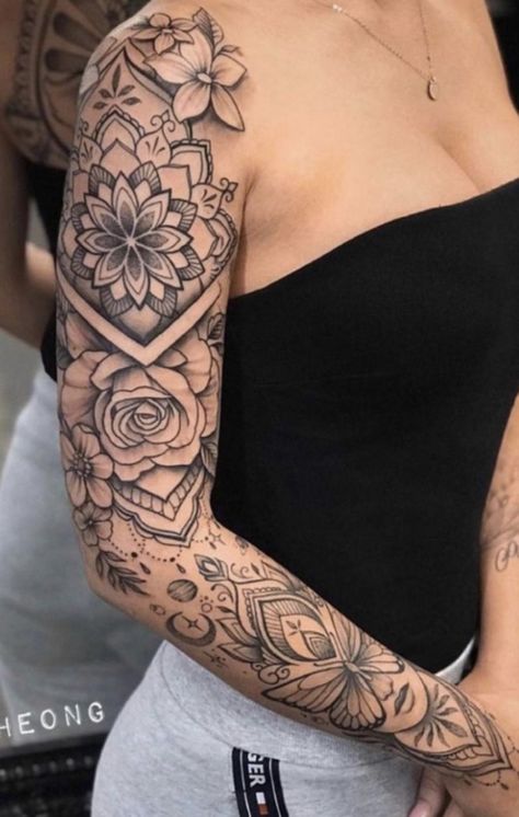 Mandala Half Sleeve, Front Shoulder Tattoo, Half Sleeve Tattoo Upper Arm, Delicate Mandala, Lace Sleeve Tattoos, Shoulder Tattoo Ideas, Unique Half Sleeve Tattoos, Front Shoulder Tattoos, Shoulder Sleeve Tattoos