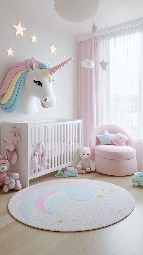 Pastel baby girl's nursery with unicorn decor, plush toys, white carpet, pink chair, and star decorations in natural light. Toddler Unicorn Room, Cozy Nursery Ideas, Dream Room Ideas, Unicorn Head Wall Decor, Head Wall Decor, Unicorn Room, Cozy Nursery, Unicorn Princess, Nursery Room Inspiration