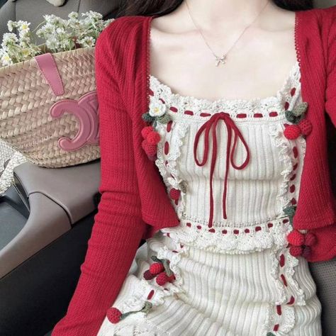 size: M, Color: Cardigan Strawberry Dress, Suspender Dress, Knitted Dress, Dress With Cardigan, Vintage Aesthetic, Flowing Maxi Dress, Glamorous Evening Gowns, Outfits Casuales, Color Set