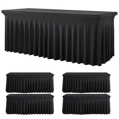 PRICES MAY VARY. ✱ 1. You will receive 4 Pack black wavy spandex tablecloths 4ft fitted for 4 foot rectangle tables. Manteles de mesa de tela para fiestas. ✱ 2. Made of Stretchy Spandex: Wrinkle Free; Stain resistant; High Quality Stitching; Washable; Ironable; Durable. You can keep it for future events. ✱ 3. Fit for 4ft rectangle tables: Fitted table cover is good fit for a 48" Length x 30" Width x 30" Height table. No need to worry about the tablecloth blowing off or falling off. ✱ 4. Easy to Black Table Linens Wedding, Desk Skirt, Skirt For Wedding, Fitted Table Cover, Rectangle Tables, Black Tablecloth, Market Table, Fitted Tablecloths, Table Clothes