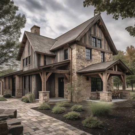 White Rustic House Exterior, Rustic French Country House Exterior, Rustic Homes Exterior, Lodge Home Exterior, Stone Farmhouse Exterior, Rustic Cabin Exterior, Bark Siding, Modern Farmhouse Exterior Colors, Rustic Farmhouse Exterior