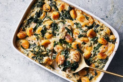 Creamy-Swiss-Chard-Gratin-With-Crispy-Gnocci-FT-2-RECIPE1121 Snow Day Recipes, Crispy Gnocchi, Baked Polenta, Pumpkin Lasagna, Vegetarian Thanksgiving Recipes, Vegetarian Thanksgiving, Potato Gratin, Gnocchi Recipes, Swiss Chard