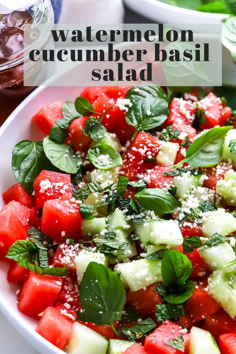 Watermelon Basil Salad, Watermelon Basil, Cucumber Basil, Basil Salad, Ways To Cook Chicken, Juicy Watermelon, Watermelon Salad, Low Cal Recipes, Healthy Salad