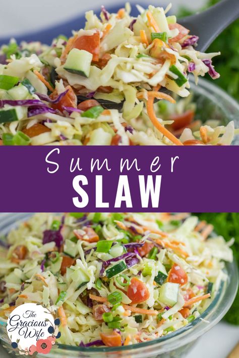 Summer Coleslaw Recipe With Tomatoes, Refrigerator Slaw Recipe, Salad With Coleslaw Slaw Recipes, Veggie Coleslaw Slaw Recipes, Slaw With Tomatoes, Tri Color Slaw Recipes, Cucumber Coleslaw Recipe, Summer Slaw Salad, Italian Coleslaw Recipes