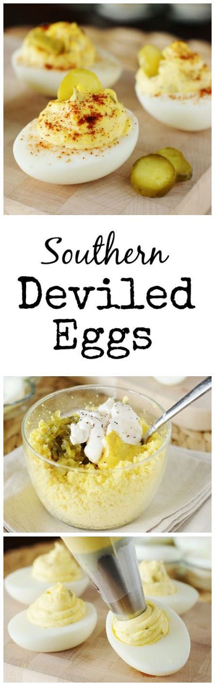 Classic Southern Deviled Eggs. The perfect recipe to use with all of my left over Easter eggs. These deviled eggs look delish! Devil Eggs, Southern Deviled Eggs, Sweet Relish, Diy Easy Recipes, Potluck Party, Pickle Slices, Deviled Egg, Pickle Relish, Classic Southern