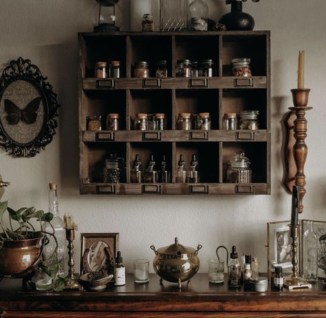 Apothecary Wall Shelf, In Home Apothecary, Moody Apothecary Aesthetic, Kallax Apothecary, Witchy Bar Aesthetic, Apothecary Shelf Display, Apothecary Dining Room, Apothecary Office Decor, Witchy Apothecary Decor