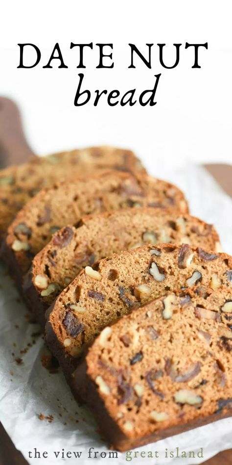 Date nut bread is rich, moist, and delicious. If you love banana bread and zucchini bread, then you need to add this classic retro quick bread to your recipe collection.#bread #dates #quickbread #dessert #best #moist Magic Dough, Date Recipes Desserts, February Recipes, Date And Walnut Loaf, Date Bread, Date Nut Bread, Tube Pan, Nut Loaf, Baking Breads