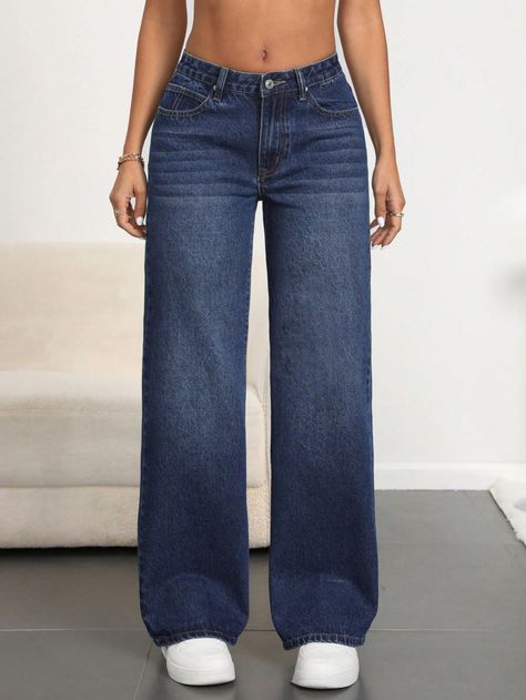 Women's Pocket Casual Loose Fit Straight Leg Jeans Dark Wash Casual   Denim Plain Wide Leg Non-Stretch  Women Clothing, size features are:Bust: ,Length: ,Sleeve Length: Dark Washed Jeans, Casual Denim Pants, Trendy Jeans, Moda Jeans, Langer Mantel, Jeans Casual, Jeans Dark Wash, Straight Leg Denim, Women Denim Jeans