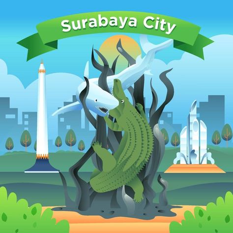 Surabaya City of Indonesia Famous Landmark Barong Tattoo, Shark Names, North Sumatra, Desain Quilling, Pencak Silat, City Logo, Famous Landmarks, Beautiful Places Nature, Digital Art Design