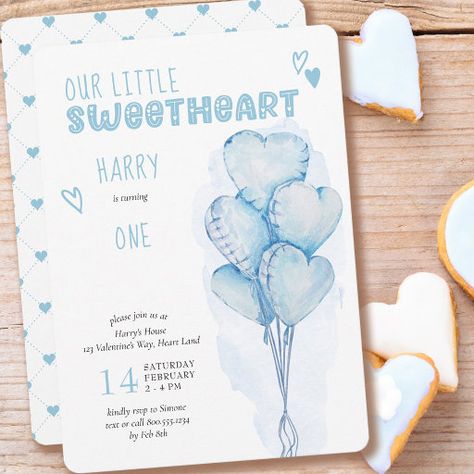 Balloons First Birthday, Valentines Birthday Party, Whimsical Typography, Birthday Party Snacks, February Valentines, Birthday Party Theme Decorations, 1st Birthday Invitation, Boy Birthday Invitations, Watercolor Blue