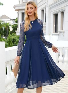 Round Neck Long Sleeves Elegant A-line Tulle Midi Dresses (295275800) - JJ's House Long Sleeve Tea Length Dress, Knee Length Dresses Formal, Womens Polka Dot Dress, Confirmation Dresses, Christmas Elegant, Short Dress Styles, Prom Dresses Modest, Chiffon Midi Dress, Lace Chiffon