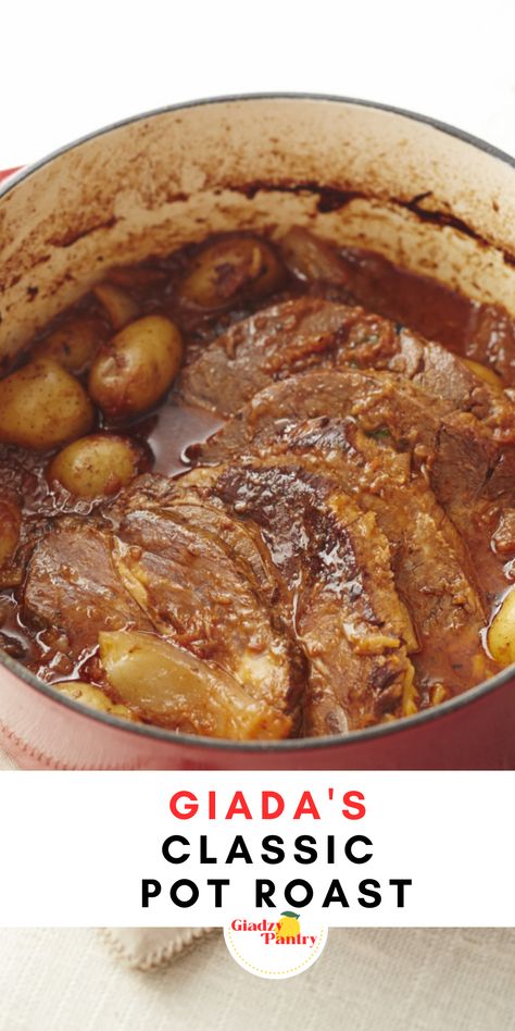 Giada's classic pot roast is a satisfying dish for a Sunday supper that will yield plenty of leftovers for repurposing into easy weeknight meals. It's great at any time, but it's an especially perfect dish during the holiday season. Giada De Laurentiis Pot Roast, Food Network Pot Roast, Giada Pot Roast, Staub Pot Recipes, Easy Sunday Recipes, Sunday Recipes Dinner, Italian Pot Roast, Giada De Laurentiis Recipes, Classic Pot Roast