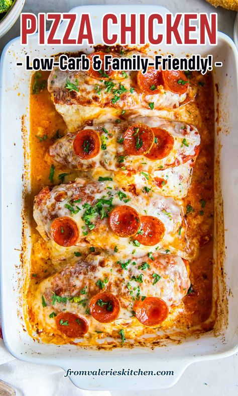 Pizza Chicken Recipe (Low-Carb/Kid-Friendly!) | Valerie's Kitchen Pizza Chicken Bake, Pepperoni And Mozzarella, Stuff Chicken, Pepperoni Recipes, Chicken Mozzarella, Stuffed Pizza, Pizza Chicken, Favorite Recipes Chicken, Mozzarella Chicken