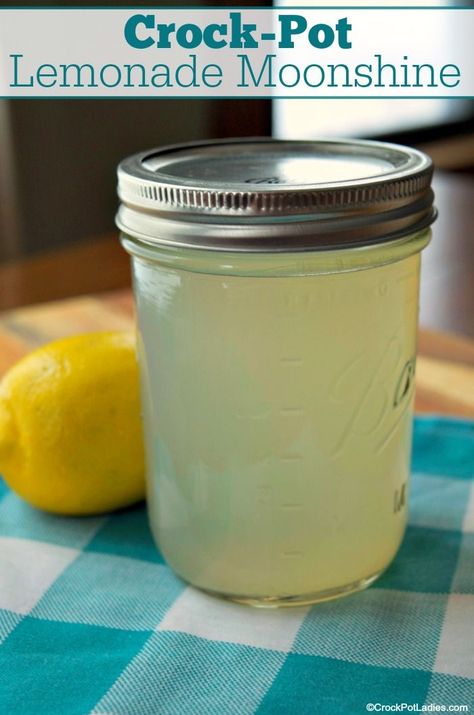 Crock-Pot Lemonade Moonshine - A great adult beverage made in the slow cooker this recipe for Crock-Pot Lemonade Moonshine is simple & easy to make. A great crowd pleaser! [Low Calorie, Low Carb, Low Cholesterol, Low Fat, Low Sodium, Low Sugar, Vegan, Vegetarian & 4 Weight Watchers SmartPoints per shot] #CrockPotLadies #CrockPot #SlowCooker #Moonshine Low Carb Low Cholesterol, Lemonade Moonshine Recipe, Booze Recipes, Homemade Booze, Low Calorie Low Carb, Homemade Alcohol, Homemade Liquor, Liquor Recipes, Moonshine Recipes