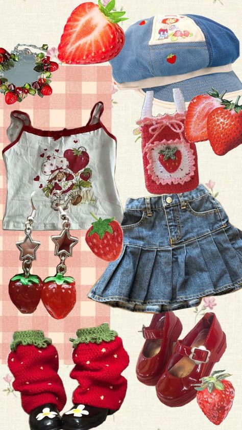 Strawberry Inspired Outfit, Strawberry Aesthetic Outfit, Juminocore Outfit, Fruit Outfit, Fruit Clothing, Strawberry Outfit, Foodie Outfit, Fruit Fashion, Funky Outfits