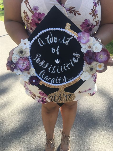 A world of possibilities awaits globe graduation cap Young At Heart, Grad Cap, College Graduation, Graduation Cap, Graduation Party, Globe, Crafts For Kids, Birthday Cake, Birthday