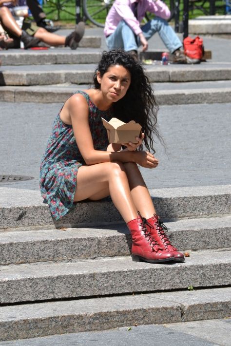 Sundress and Army Boots? What do you think? Dress With Combat Boots, Red Boots Outfit, People Crowd, Army Boots, Lunch Break, Red Boots, Red Army, Summer Lookbook, Boots Outfit