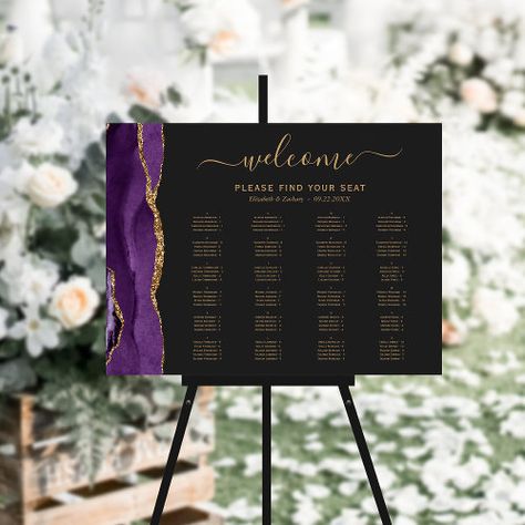 $44.20 | Purple Gold Agate Alphabetical Wedding Seating #agate, modern, seating chart, wedding seating plan, alphabetical, 100 guests, dark moody purple violet, gold faux glitter, elegant handwriting script, wpn003 Modern Wedding Seating Chart, Deep Purple Wedding, Custom Table Numbers, Popular Wedding Invitations, Wedding Reception Guest, Black And Gold Wedding, Geode Wedding, Italic Font, Handwriting Script