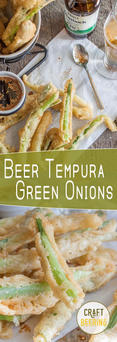 Beer Tempura Green Onions with a Sesame Soy Dipping Sauce. Crispy and airy batter coats sweet spring onions. The perfect beer snack! Beer Tempura Batter, Tempura Beer Batter Recipe, Batter For Deep Fried Veggies, Tempura Batter For Vegetables, Light Crispy Tempura Batter, Beer Batter Recipe, Green Onions Recipes, Tempora Batter Tempura Vegetables, Beer Snacks