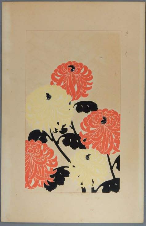 Original japanese antique woodcut print Kawarazaki Kodo "Chrysanthemum" Asian Design Pattern, Art Deco Paintings, Woodcut Print, Colour Consultant, Japanese Print, Woodcuts Prints, Japanese Woodblock, Japanese Woodblock Printing, Japanese Patterns