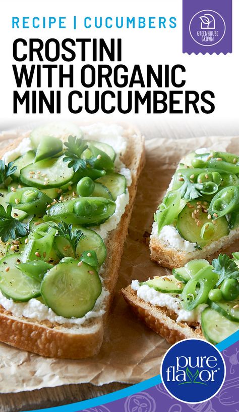 Cucumber crostinis can be a fan favorite all year long. Mini Cucumber Sandwiches, Whipped Ricotta, Mini Cucumbers, Cucumber Sandwiches, Tasty Meals, Sugar Snap Peas, Snap Peas, Side Recipes, Vegetarian Cheese