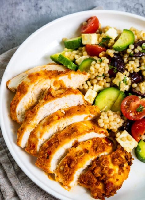 Hummus Baked Chicken Breast - A Toasted Crumb Hummus Baked Chicken, Chicken And Hummus, Hummus Crusted Chicken, Chicken Hummus, Hummus Chicken, Mediterranean Couscous Salad, Creamy Hummus, Healthy Dinner Options, Paprika Chicken