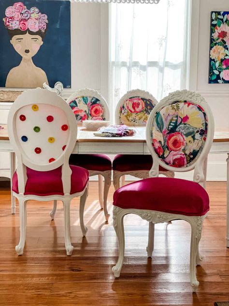 Chair Reflections from 2021 Pink Dining Chairs, Chaise Restaurant, Reupholster Chair, Custom Chair, Chair Makeover, Painted Chairs, Colorful Chairs, Diy Chair, Chair Upholstery