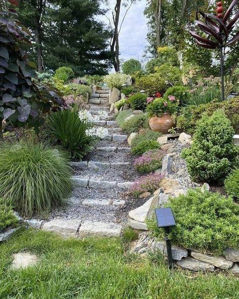 Paver Steps On Hillside Sloped Yard, Natural Rock Steps, Stone Garden Stairs On A Slope, Slanted Garden, Steep Hillside Landscaping Low Maintenance, Backyards With Hills Sloped Yard, Steep Garden Ideas Hillside Landscaping, Uphill Backyard Ideas, Slopped Landscape Ideas