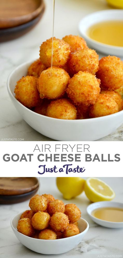 Top image: A small bowl piled high with Air Fryer Goat Cheese Balls that are being drizzled with warm honey. Bottom image: A small white bowl containing fried goat cheese bites. Cheese Balls Air Fryer, Air Fryer Goat Cheese, Fried Goat Cheese Balls, Goat Cheese Balls, Housekeeping Hacks, Goat Milk Recipes, Goat Recipes, Fried Goat Cheese, Hot Cheese