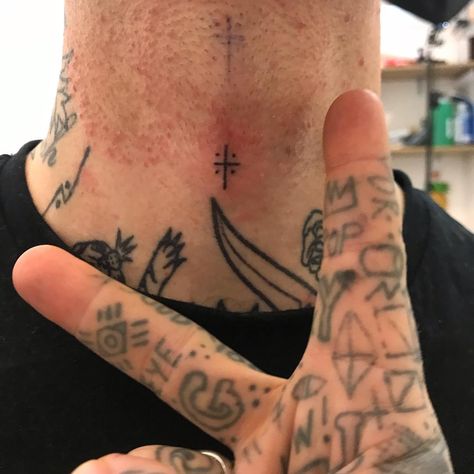 5,014 Likes, 7 Comments - Prisonstyletattoo@gmail.com (@prisonstyletattoo) on Instagram: “CROSS - PSTX ... diddy doodle cross on a fun little area / hitting that windpipe was lush (sorry…” Deathly Hallows Tattoo, Triangle Tattoo, Lush, Doodles, Tattoos