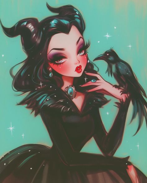 🐦‍⬛🩵🖤✨ Miss Fluff Art, Dibujos Pin Up, Goth Disney, Vintage Halloween Cards, Disney Pixar Characters, Dark Disney, Disney Art Drawings, Disney Instagram, Beauty Art Drawings