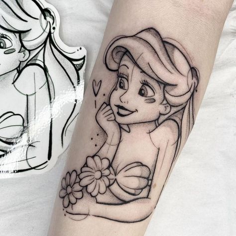 Ariel Tattoo, Disney Inspired Tattoos, Little Mermaid Tattoo, Disney Sleeve Tattoos, Dragon Tattoo Ideas, Mermaid Tattoo Designs, Pin Up Girl Tattoo, Small Girly Tattoos, Z Tattoo