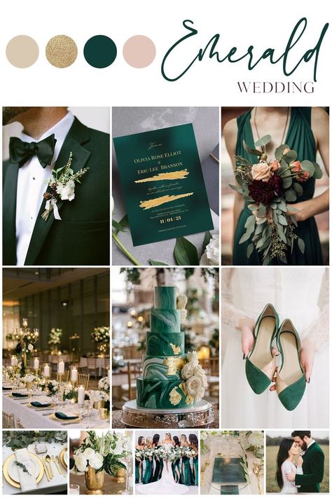 Wedding Color Schemes Green, Green And Gold Color Palette, Green Fall Weddings, Emerald Wedding Colors, Emerald Green Wedding Theme, Green And Gold Wedding, Wedding Theme Color Schemes, Green Gold Weddings, Winter Wedding Color Palette