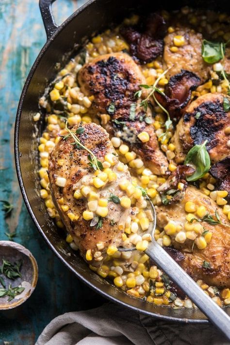 Creamed Corn Chicken, Half Baked Harvest Recipes, Corn Chicken, Harvest Recipes, Half Baked, Creamed Corn, Half Baked Harvest, Summer Dinner, Poultry Recipes