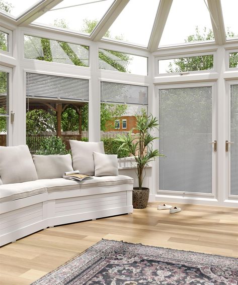 Small Conservatory Furniture, Conservatory Ideas Interior, Door With Blinds, Conservatory Interiors, Small Conservatory, Upvc French Doors, Conservatory Interior, Conservatory Decor, Conservatory Windows