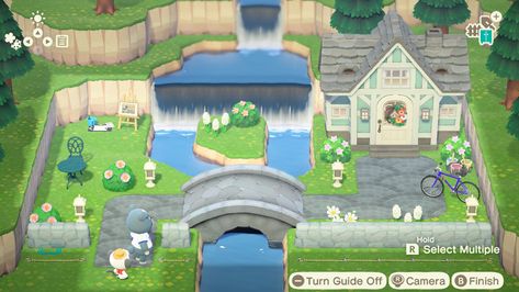 Acnh Paradise Planning, Animal Crossing Home Exterior, Blue Animal Crossing, Acnh Idea, Acnh Builds, Waterfall Building, Happy Home Paradise, Waterfall House, Acnh Codes