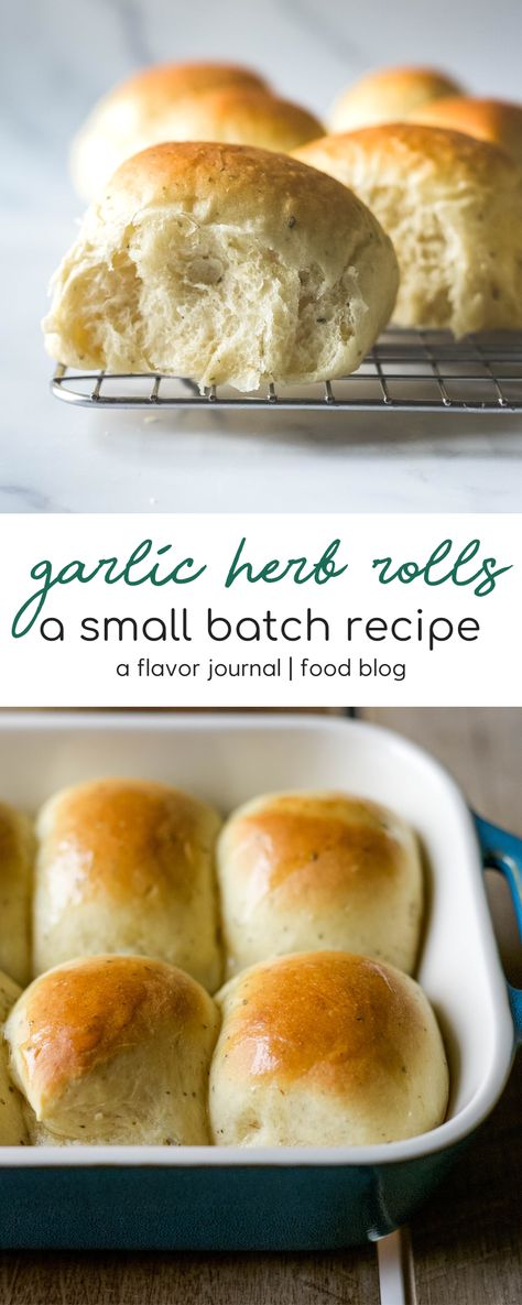 small batch garlic + herb rolls :: a super flavorful dinner roll recipe to pair with soups, comfort food, or just butter!  makes 8-8 soft dinner rolls.    #dinnerrolls #rolls #homemaderolls #garlic #garlicherb #yeastrolls #milkrolls #comfortfood #smallbatch #dinnerfortwo #friendsgiving #thanksgiving via @aflavorjournal Herb Dinner Rolls, Herb Rolls, Soft Dinner Rolls, Small Thanksgiving, Dinner Roll Recipe, Recipe For 1, Small Batch Baking, Flavorful Dinner, Dinner Roll