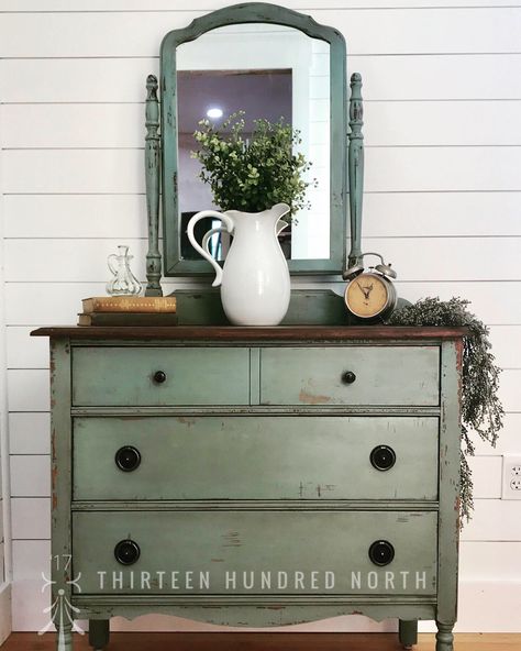 Olive Green Distressed Furniture, Antique Green Dresser, Redo Old Dressers Ideas, Sage Green Chalk Paint Furniture, Coastal Dressers, Green Antique Dresser, Dresser With Mirror Makeover, Sage Dresser, Sage Green Dresser