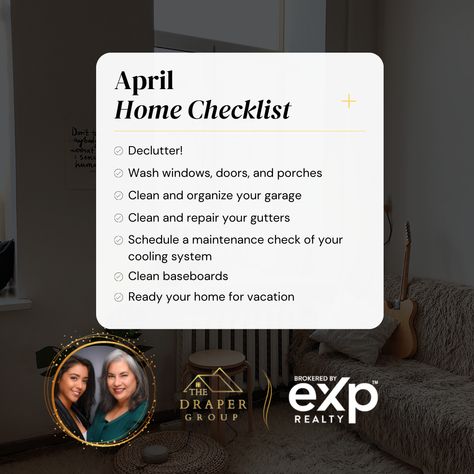 New Month, New Checklist! check out our monthly maintenance checklist for the month of April! Jacqueline N Draper⁠ 🌐IG: @Homesbydraper⁠ 🌐 FB : Homes By Draper⁠ 📞201.815.7516⁠ 📞866.201.6210 Ext 421⁠ 📧 HomesByDraper@gmail.com⁠ ⁠ #RealEstate⁠ #RealEstateAgent⁠ #RealEstateNJ⁠ ⁠#realestateinvestor #realestateinvesting #realestatelife⁠ #RealEstateForSale⁠ #womeninrealestate #homeforsale Clean Garage, Maintenance Checklist, Real Estate Sales, Real Estate Investor, New Month, Real Estate Investing, Declutter, Real Estate Agent, Real Estate