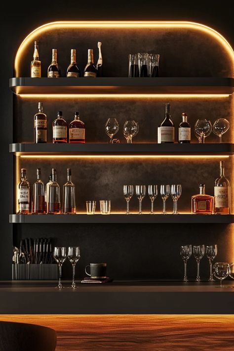 Explore stylish home bar setups for a chic entertaining space. This pin highlights transforming your home with elegant decor ideas and furniture to create memorable gatherings using 1 inspiring image. Mini Bar Aesthetic, Modern House Bar Design, Bedroom Bar Ideas, Office Bar Ideas, Drink Bar Ideas Home, Bar Set Up For Party At Home, Modern Bar Ideas, At Home Bar Ideas, Wine Cupboard