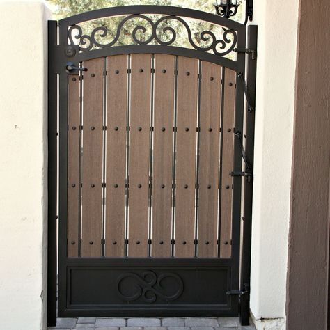 Composite Wood Gate - First Impression Ironworks Wood And Metal Gates Ideas, Wrought Iron And Wood Gates, Gate Doors Ideas Fence, Door Painting Ideas, Sliding Gate Design, Gate Design Modern, Patio Gates, Gate For Stairs, Black Gate