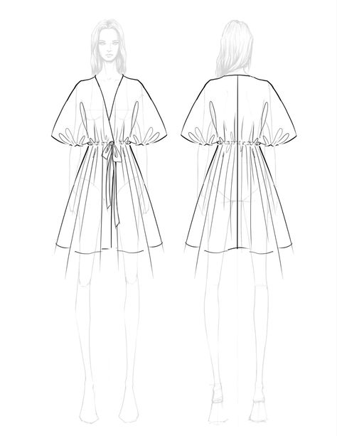 Kaftan Illustration Sketch, Dress Flats Sketch, Kaftan Flat Sketch, Kaftan Drawing, Fashion Illustration Tutorial, Flat Drawings, Flowy Summer Dresses, Dress Illustration, Woman Sketch