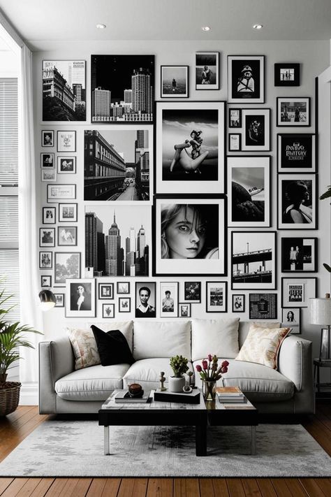 Elevate your living room with a dramatic black and white photo collage. Discover inspiring ideas to create a statement wall using contrasting prints, frames, and layouts. From classic to modern, find the perfect blend of style and personality. Black And White Photo Wall Bedroom, Room Photo Collage, Black And White Photo Collage, White Photo Collage, Photo Collage Ideas, Photo Walls Bedroom, Black And White Living Room Decor, Picture Wall Bedroom, Black And White Photo Wall