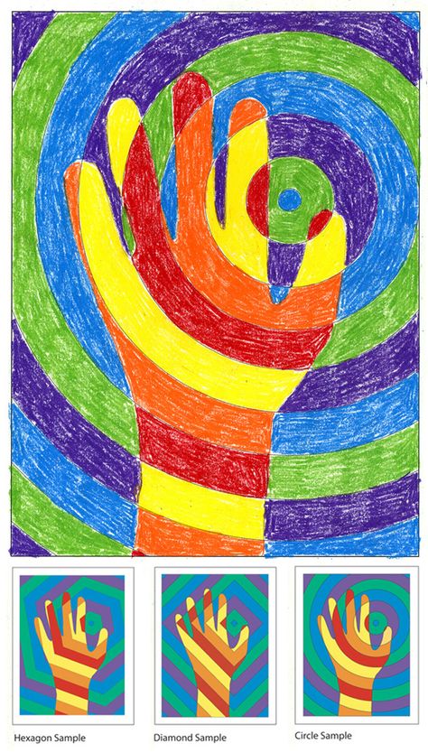 Hand, shape, and color art Art 2nd Grade, Hand Art Projects, Colorful Art Projects, Hand Kunst, Brownie Ideas, 2nd Grade Art, 4th Grade Art, 5th Grade Art, Drawing Eyes