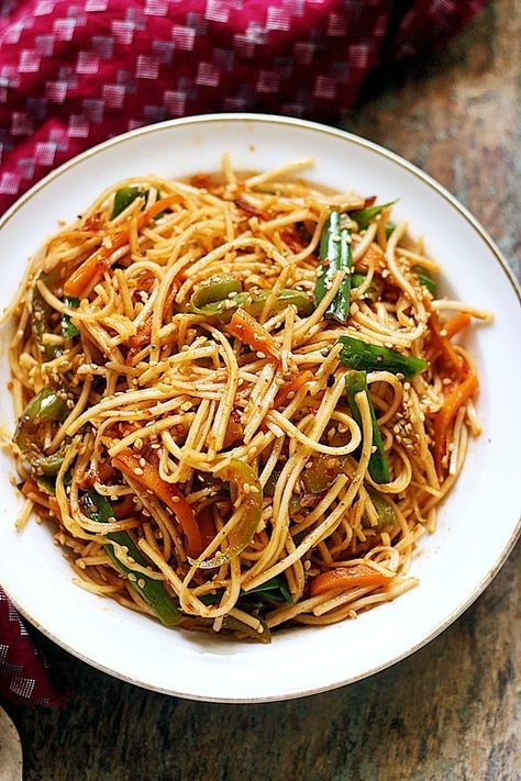 Schezwan Noodles (Vegan) | Cook Click N Devour!!! Schezwan Noodles, Veg Noodles, Yummy Noodles, Indo Chinese Recipes, Chickpea Curry Recipe, Comfort Dinner, Gluten Free Noodles, Weekend Cooking, Sauteed Veggies