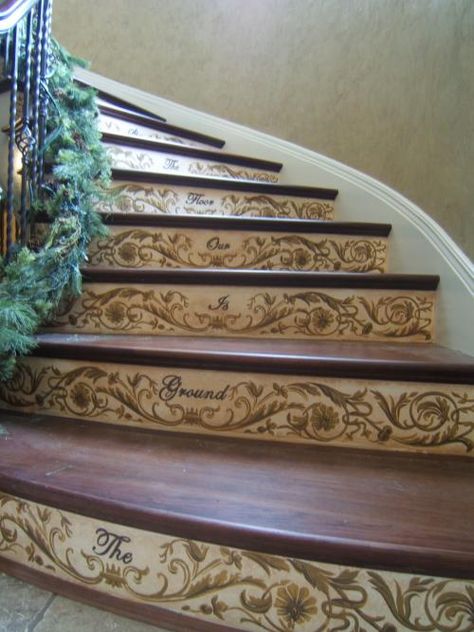 Handpainted staircase by artist Scott Guion. Stencil Stairs Risers, Stencil Stairs, Stairs Painting, Painted Steps, Stenciled Stairs, Painting Stairs, Painted Staircase, Painted Staircases, Escalier Design