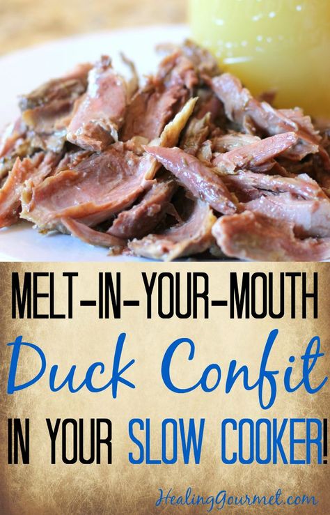 Looking for a super-simple duck confit recipe? You’ve come to the right place.  If you’re familiar with duck confit (pronounced con-FEET), you already know that it practically melts in your mouth, is loaded with flavor, and can elevate even the most urbane dishes to gourmet status.  But duck confit doesn’t just taste great – it can also be a health-promoting dish that is rich in belly-flattening, disease-fighting monounsaturated fats. Slow Cooker Duck, Duck Confit Recipe, Nutritional Healing, Confit Recipes, Goose Recipes, Keto Easy, Festive Appetizers, Duck Confit, Roast Duck