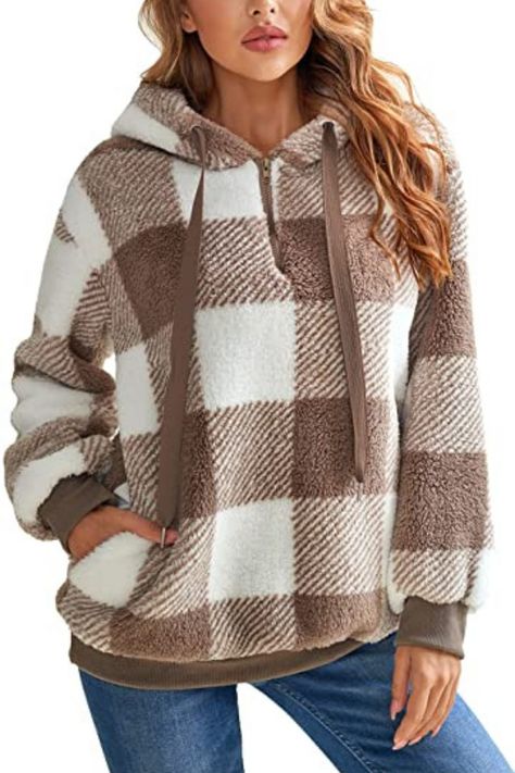 Womens Sherpa, Plaid Pullover, Boutique Trends, Sherpa Pullover, Teddy Coat, Vintage Plaid, Long Sleeve Plaid, Inspiration Mode, Hooded Sweater