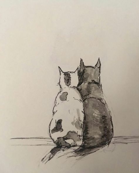 2 Cats Drawing Simple, Cat From The Back Drawing, Cat Back Drawing, Drawing Inspo Animals, Animal Love Drawing, Cat Sketch Cute, Black Cat Drawing Sketches, Drawing Cats Easy, 2 Cats Drawing